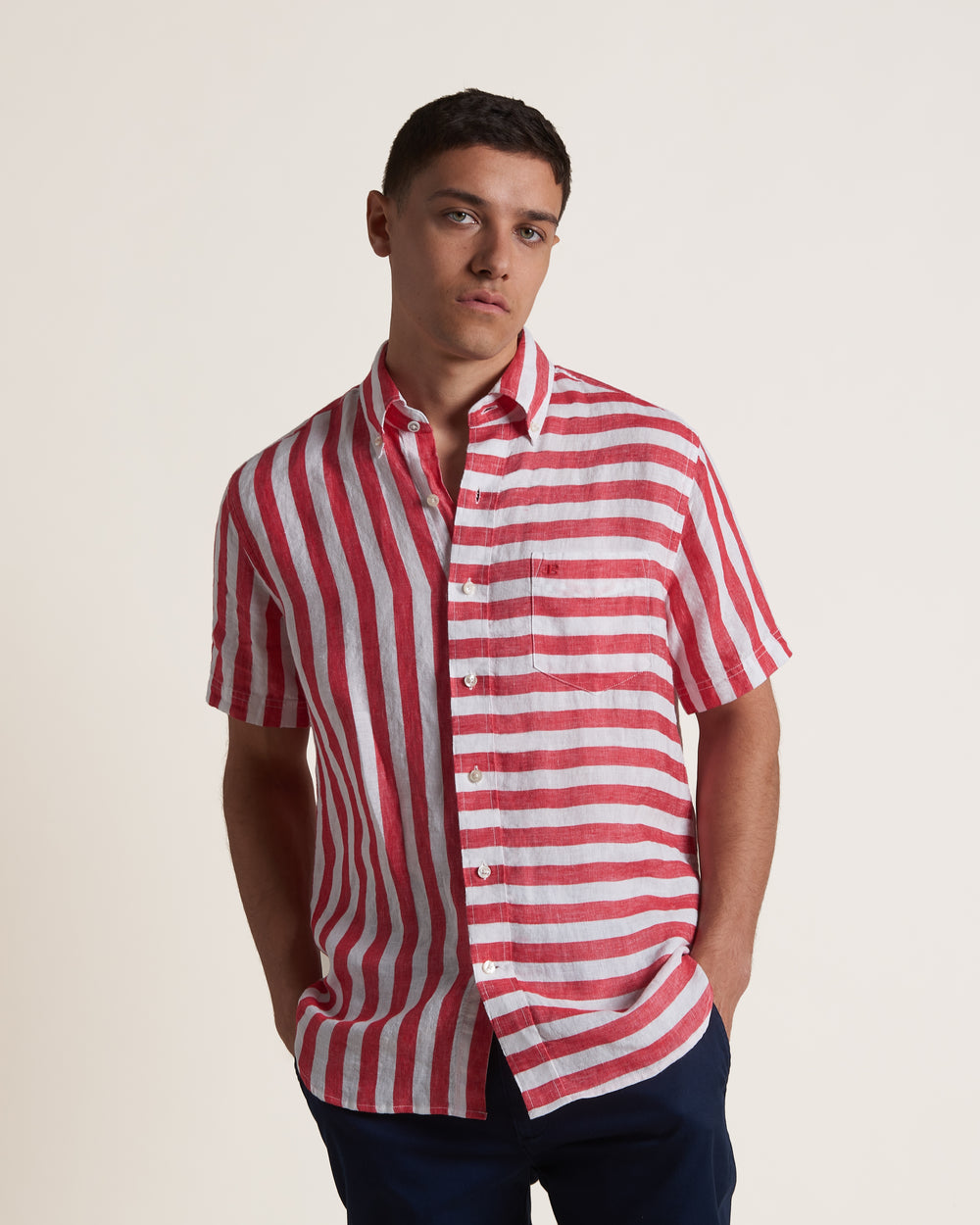 Ben Sherman B by Ben Sherman Candy Stripe Linen Short Sleeve Hemd Rosa Rot | 95346ONHR